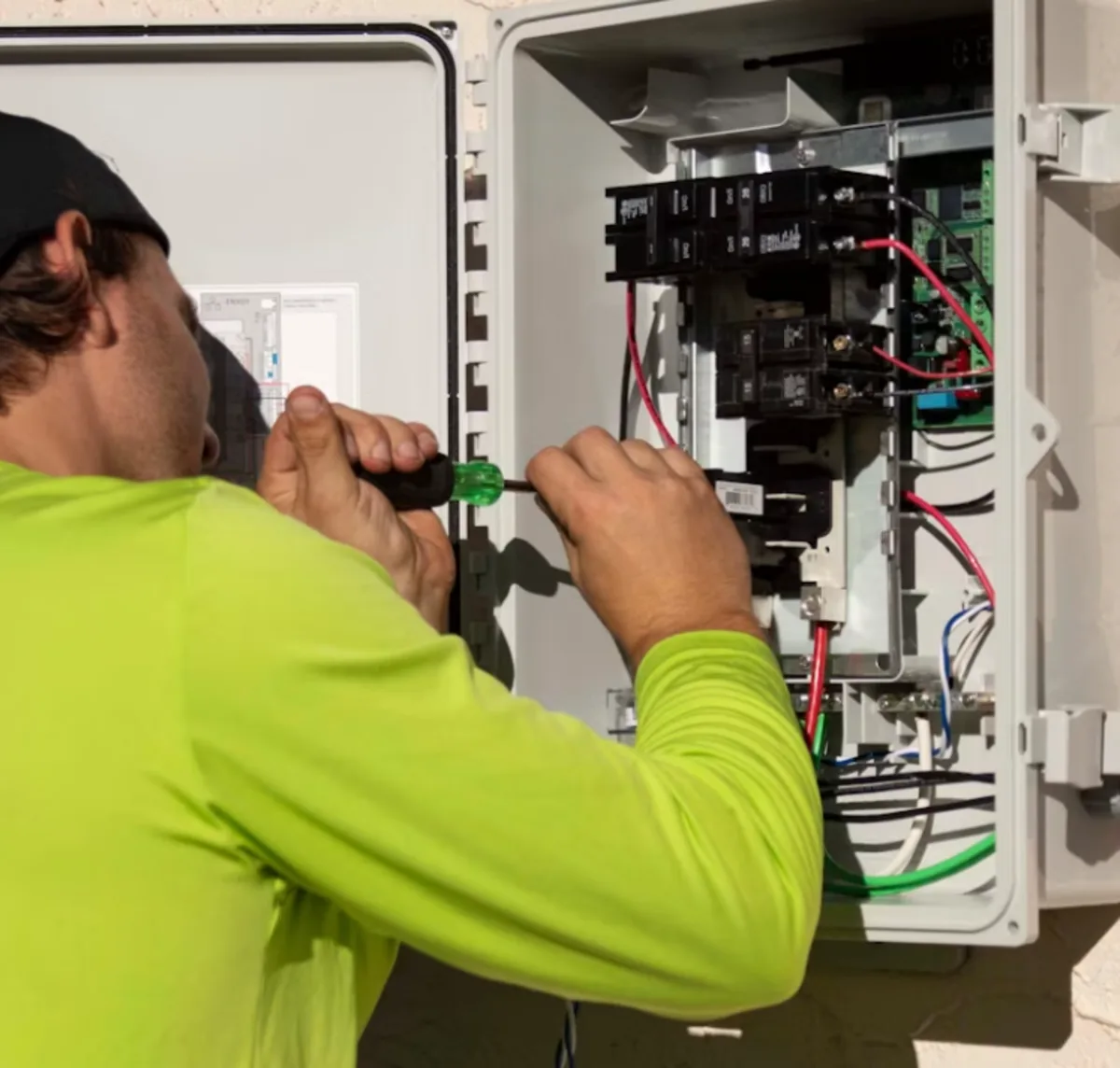 Técnico electricista trabajando en cuadro eléctrico en Murcia, sector reformas y mantenimiento cliente de Inteclia