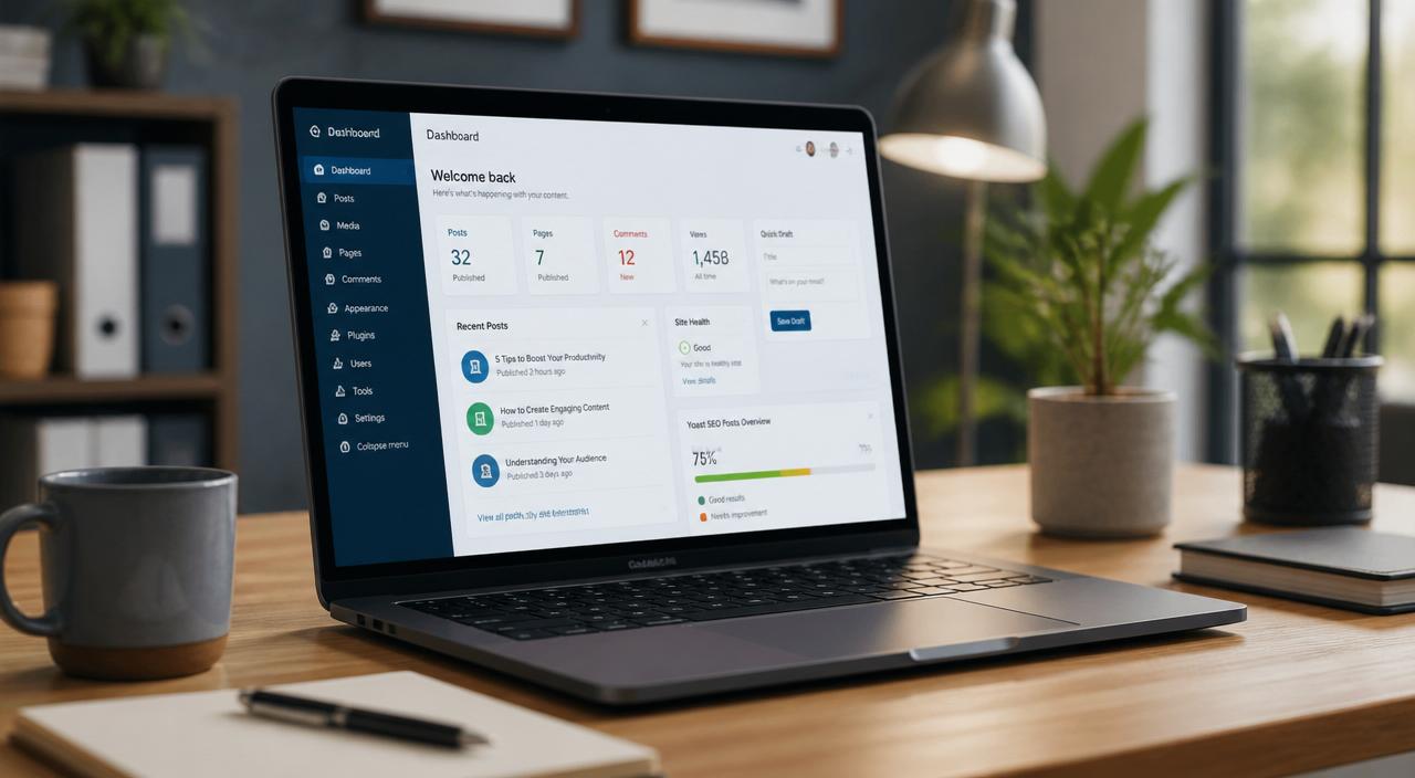 Panel de administración tipo WordPress en un portátil sobre un escritorio de pyme