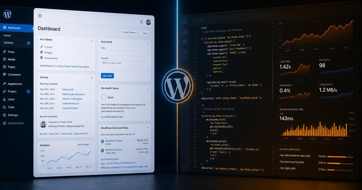 Comparativa visual entre un panel de WordPress y un editor de código de una web a medida