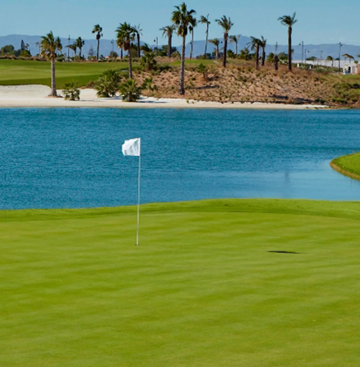 Green junto al lago de La Torre Golf Resort en Torre-Pacheco con palmeras al fondo