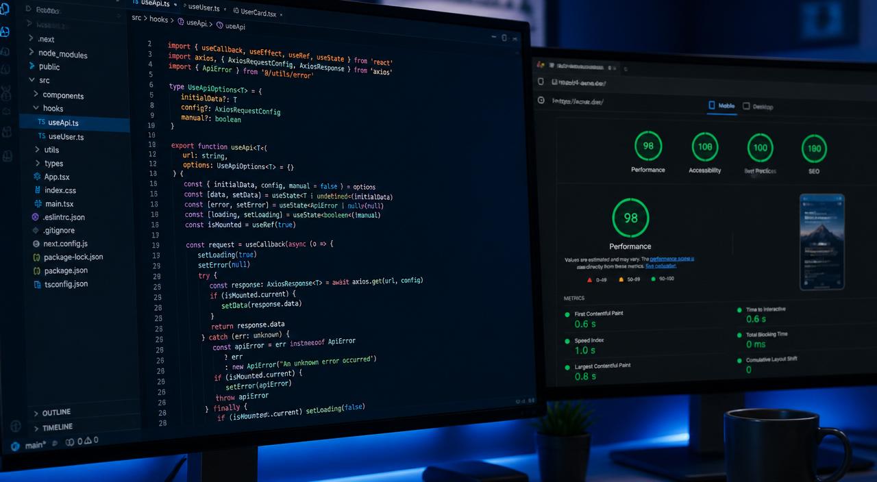 Editor de código mostrando TypeScript junto a un panel con métricas Core Web Vitals en verde