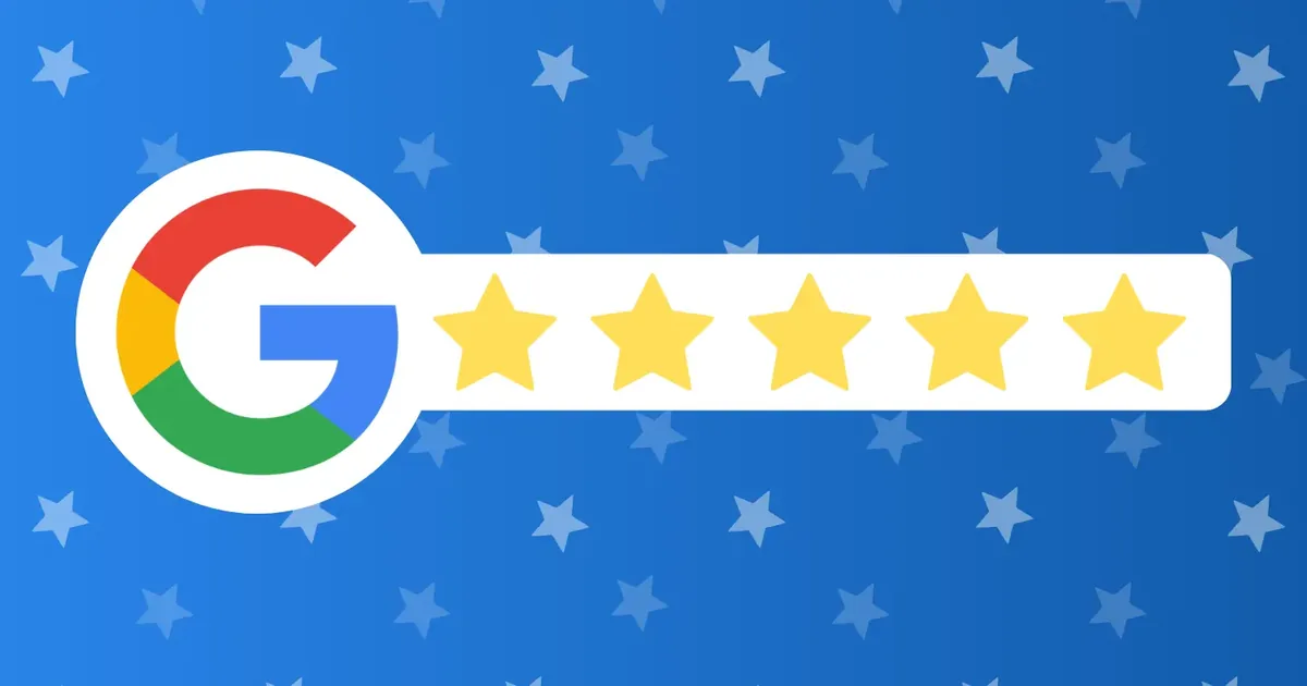 Logo de Google junto a cinco estrellas amarillas sobre fondo azul, representando reseñas de negocio local